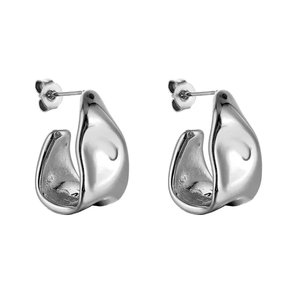 Stainless Steel Gold Color Irregular Wave Shape Hoop Earrings for Women Jewelry Silver Geometric Textured Folded Over Studs