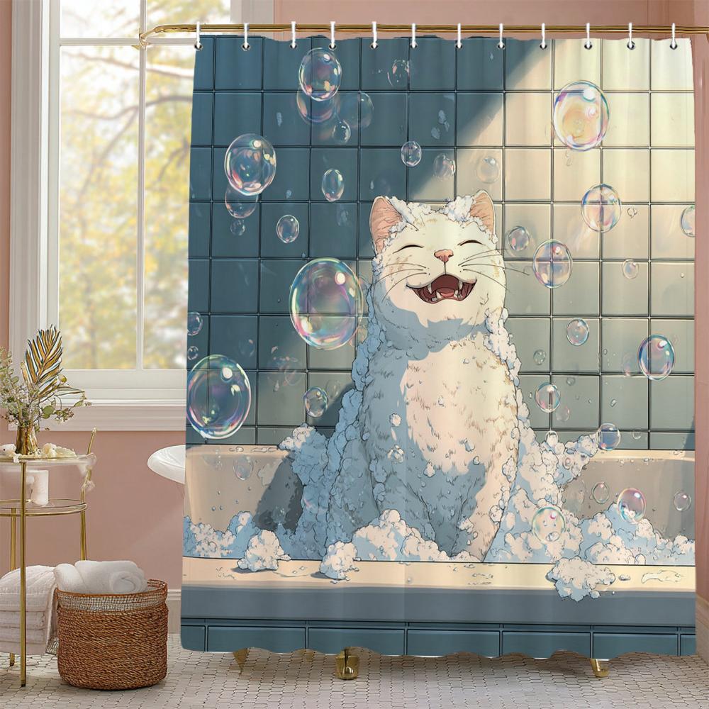 A cute cartoon cat taking a bath Shower Curtain, Bathroom Decorative Shower Curtain, Home printed Shower Curtain with Hooks