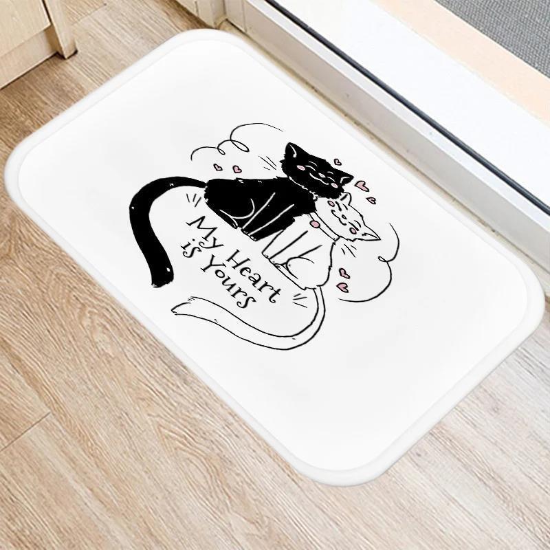 Cute Cartoon Cat Faces Carpet Black White Kawaii Minimalist Home Decoration Rug Kitchen Balcony Living Room Non-slip Floor Mat