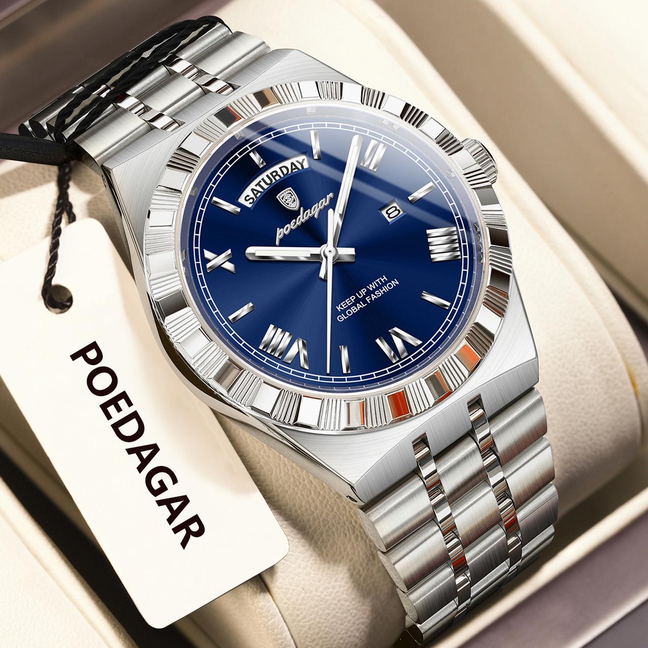 

Модные кварцевые часы для мужчин Водонепроницаемые Светящиеся Неделя Дата Мужские часы из нержавеющей стали Мужские Изысканные наручные часы Full Silver синий