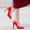 Square Head Fashion Light Mouth High Heel Single Shoes Women's Thick Heel Patent Leather Red Dress Bridal Wedding Shoes Work Shoes Women