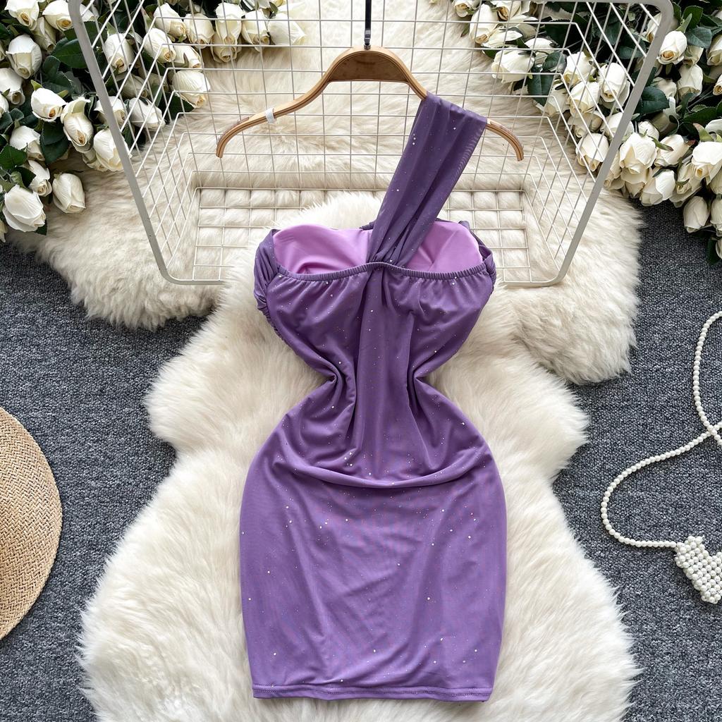 Summer Women One Shoulder Strapless Sexy Bling Bling Slim Sheath Bodycon Mini Short Club Party Dresses