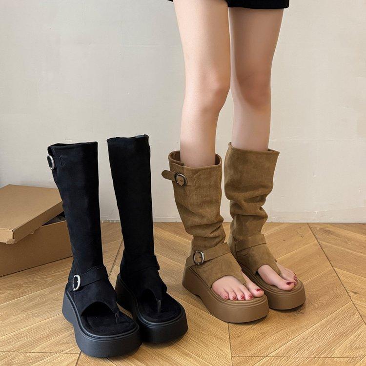 Brown Retro Toe Cool Boots Women's 2025 Summer New Long Tube Stacking Boots Thick Sole Heightening Breathable Western Boots