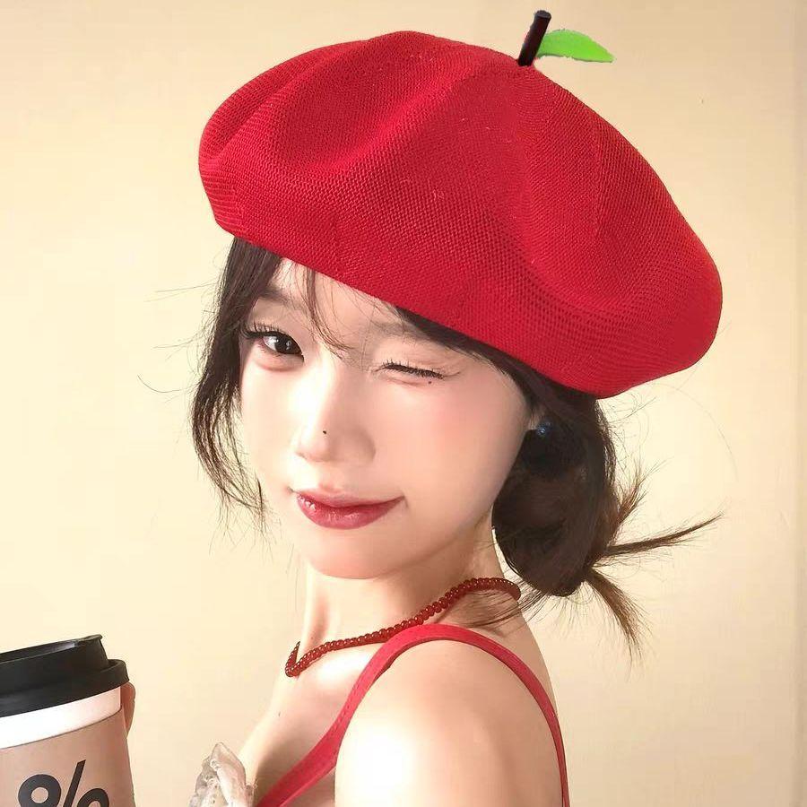 Women's Hat Painter Hat Cute Little Leaf Beret Hat Fruit Apple Orange Beret Spring and Summer Breathable