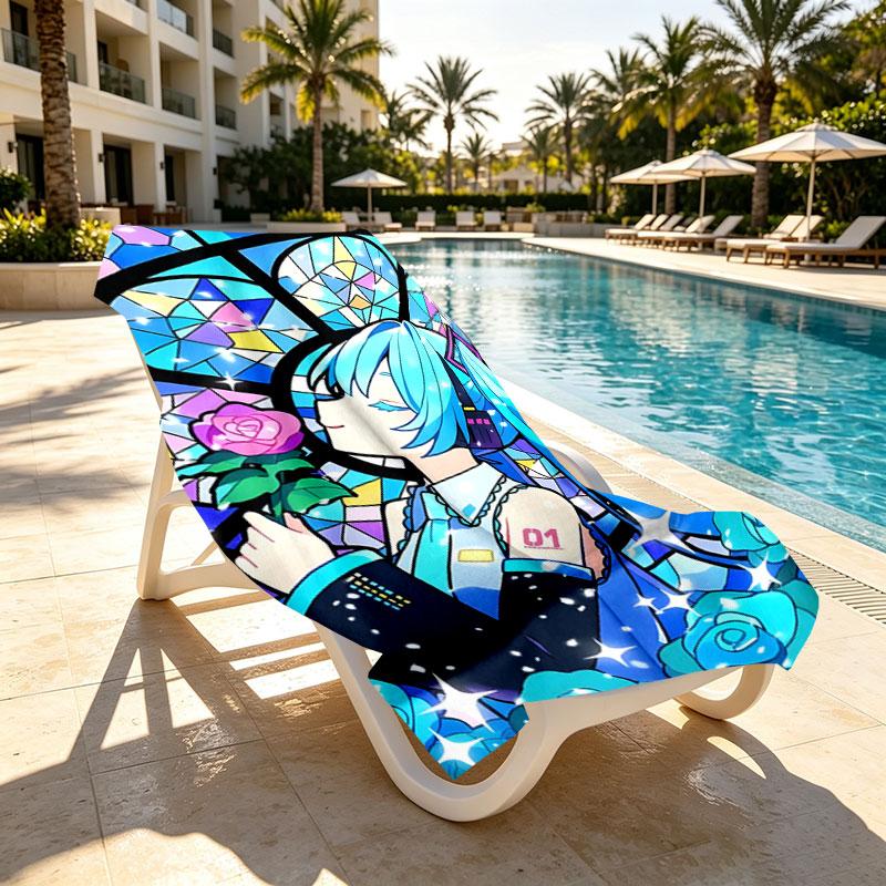 Hatsune Miku Print Beach Towel Design, Soft, Lightweight. for Home Bathroom, Spa, Pool, Yoga, Surfing, Camping, Gift for Family, Friend