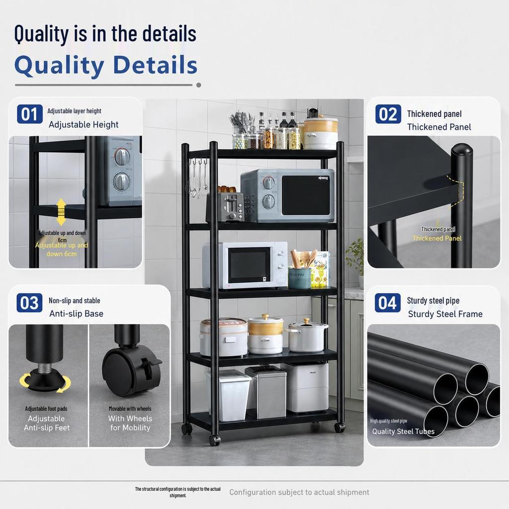 Floor-standing Detachable Kitchen Storage Rack with Wheels and Pot Holder for Microwave and Oven