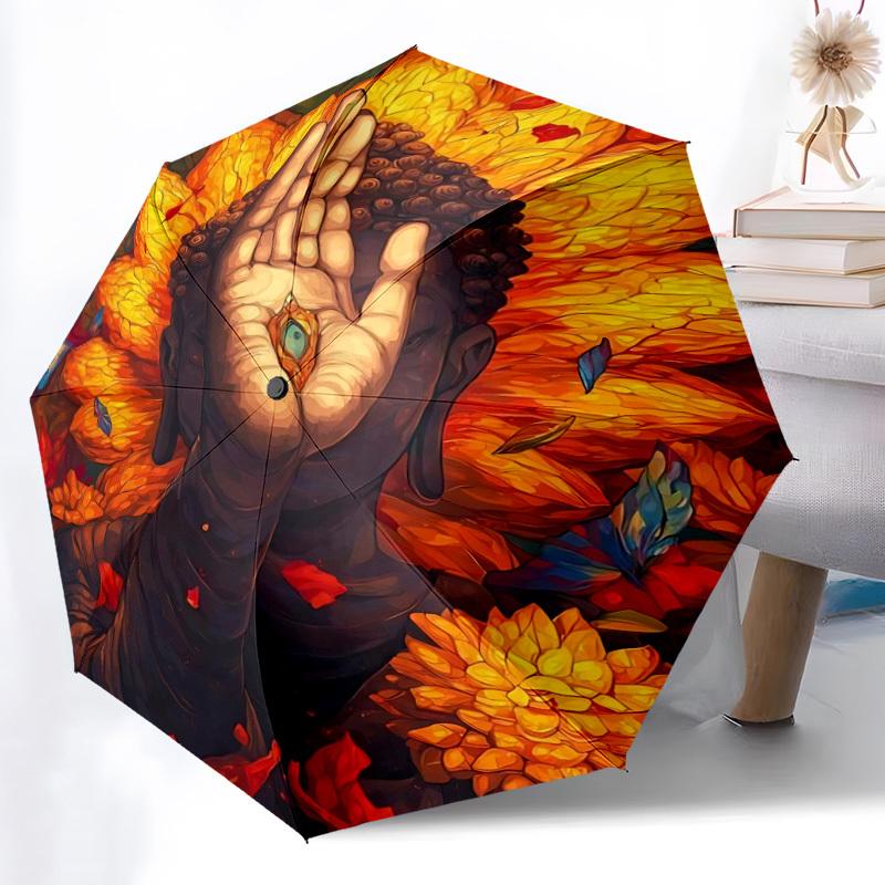 1pc Buddha Flowers Pattern Automatic Folding Umbrella - Compact 8-Rib Design, Durable Plastic & Iron, Lightweight for Outdoor Daily Use081