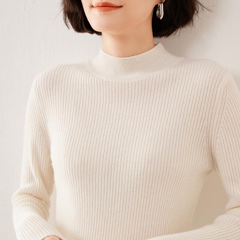 European Style Women's Slim-Fit 35% Cashmere Sweater - High-Neck Knit Base Layer for Autumn and Winter
