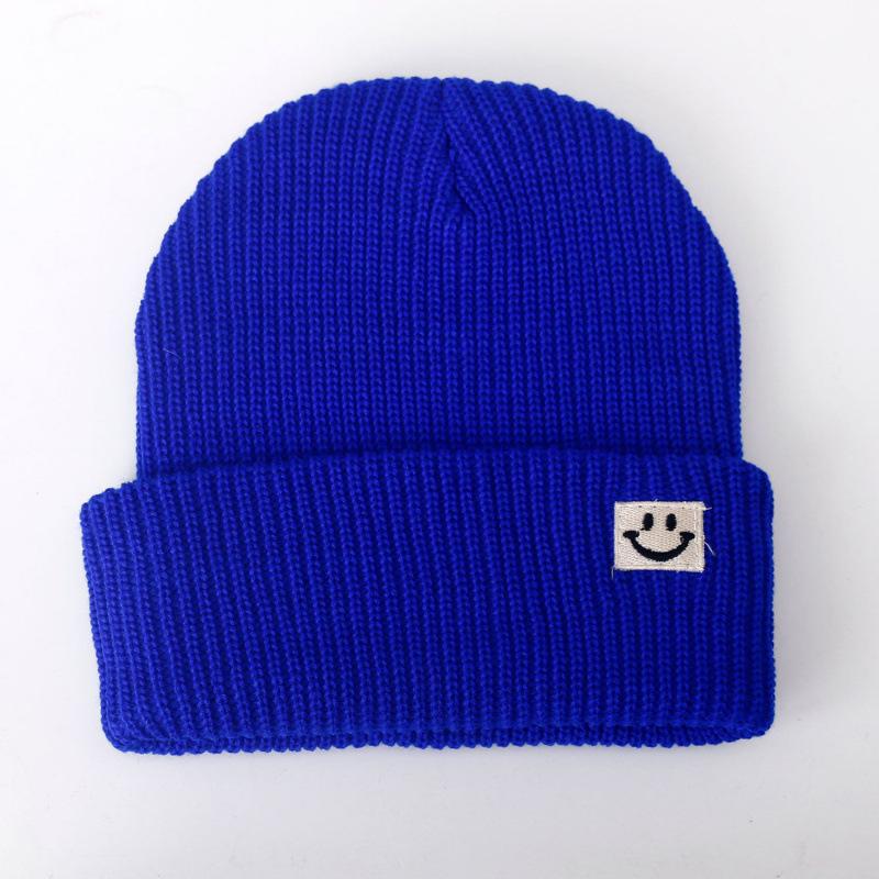 Cute Smiley Face Label Wool Hat Women's Autumn and Winter Warm Trend Versatile Ear Protector Black Knitted Hat Men
