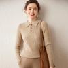 Women's Cashmere Polo Collar Ribbed Sweater – Long Sleeve, Button Closure, Perfect for Autumn and Winter