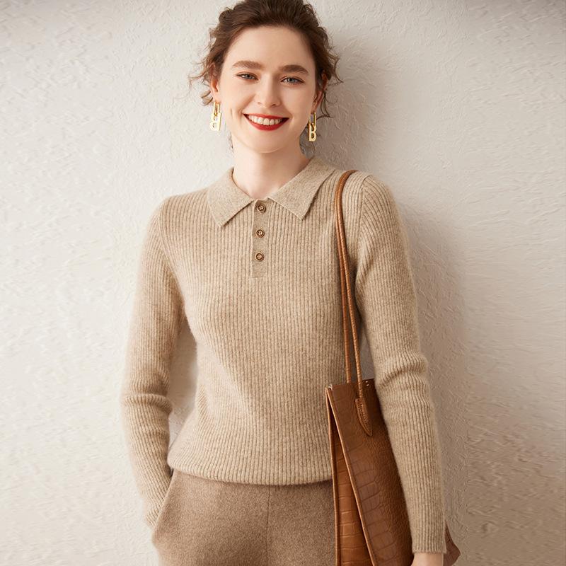 Women's Cashmere Polo Collar Ribbed Sweater – Long Sleeve, Button Closure, Perfect for Autumn and Winter