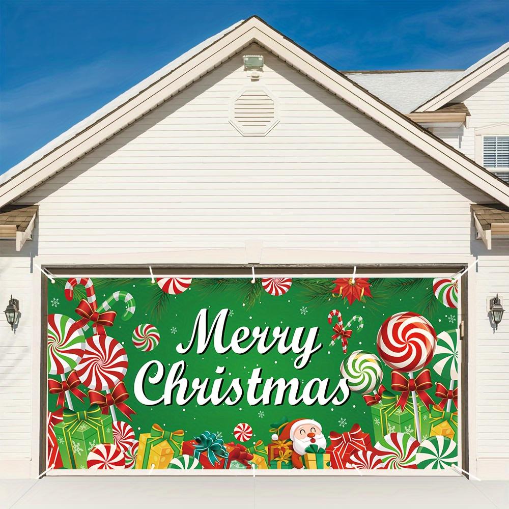 Christmas Garage Door Banner Decoration - Merry Christmas Themed Polyester Banner with Lollipop and Gift Box Patterns