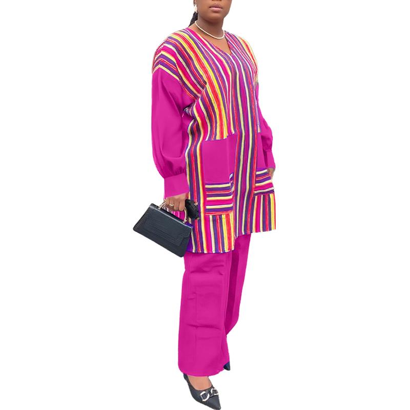 

2PCS Women V-Neck Patchwork Long Sleeve Striped Print Tops and Straight Pants Sets 5XL