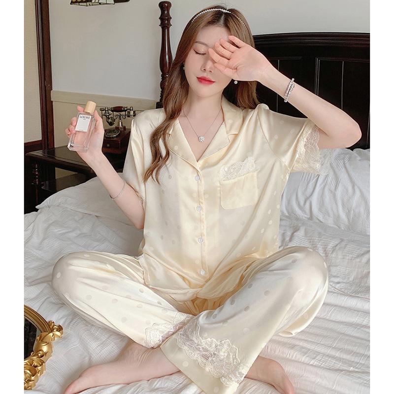 Ice Silk Pajamas Female Cute Wind Bear Summer High-End Cartoon Short-Sleeved Trousers Loungewear