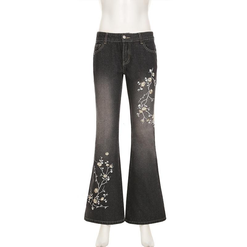 Women Retro Y2k Baggy Denim Pants High Street Basic Trousers Floral Embroidery Jeans Vintage 2000s Low Rise Flared Jeans