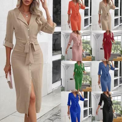 Women's Casual Button Down Belted Wrap Dress with Split Hem, Short Sleeve, Multiple Colors