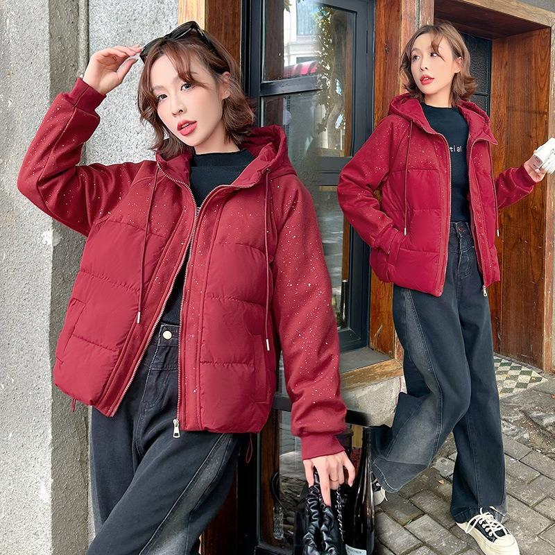 Sequins Chic Splicing Hooded Down Cotton Clothing Women's Jacket Autumn and Winter Fashion Exterior Design Cotton