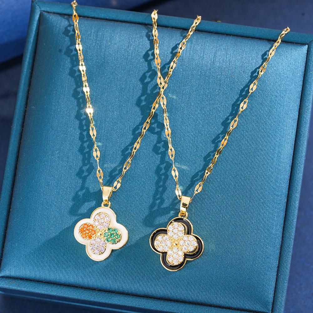 Women's Rotating Four-Leaf Clover Necklace with Colorful Zircon – Elegant Light Luxury Design