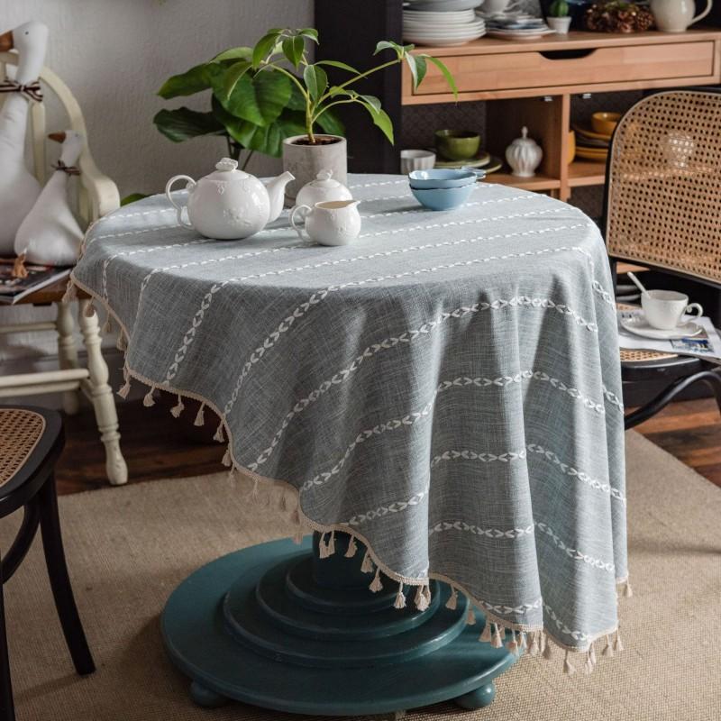 Cotton Tablecloth With Tassel Fringe Embroidered Stripe Round Dining Table Cover