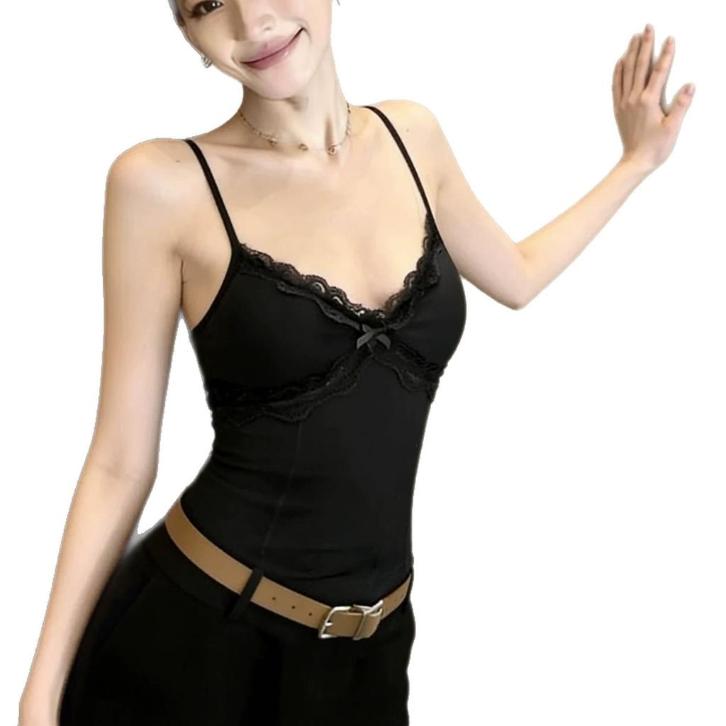 Lace v-neck suspender with chest pad vest women's summer inner and outer wear slim fit pure desire sleeveless spice top ins tide