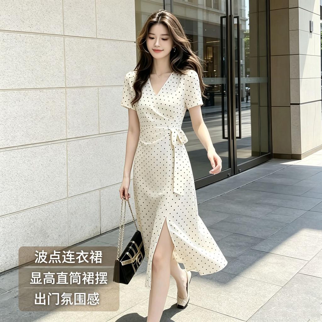 New French Elegant Style Fashion Temperament Polka Dot Waist Dress V-Neck Short Sleeve Skinny Medium and Long Dress
