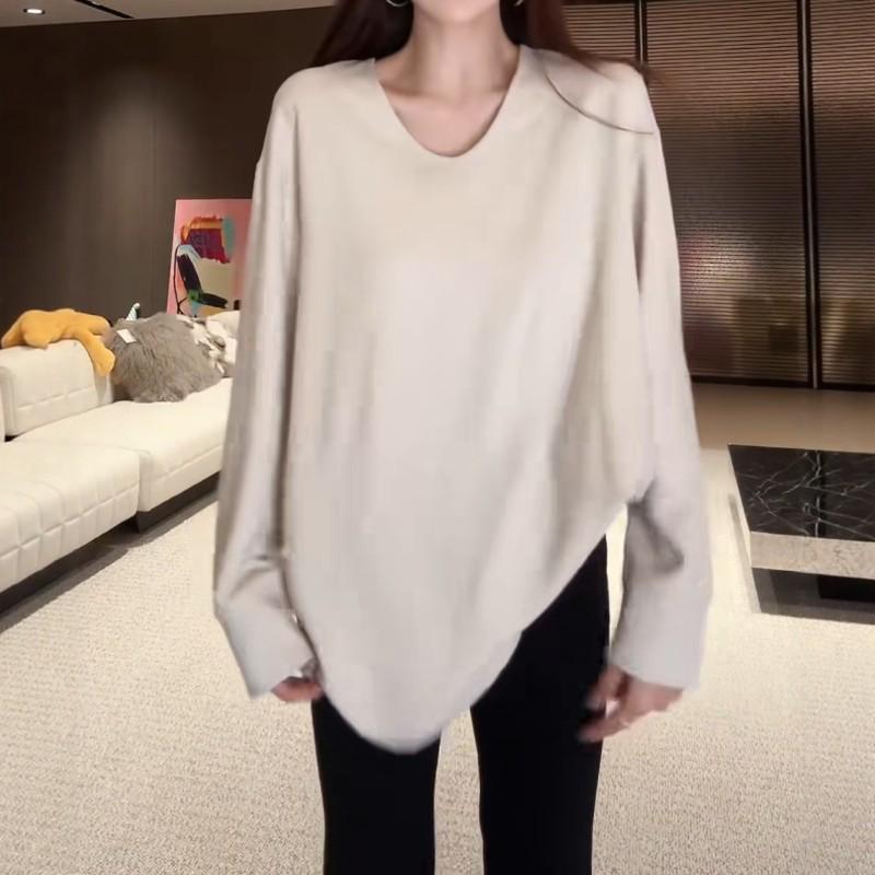 

Women s Ribbed Velvet Long Sleeve Top - Versatile Mid-Length Autumn/Winter Loose Fit Base Layer (270g) M бежевый
