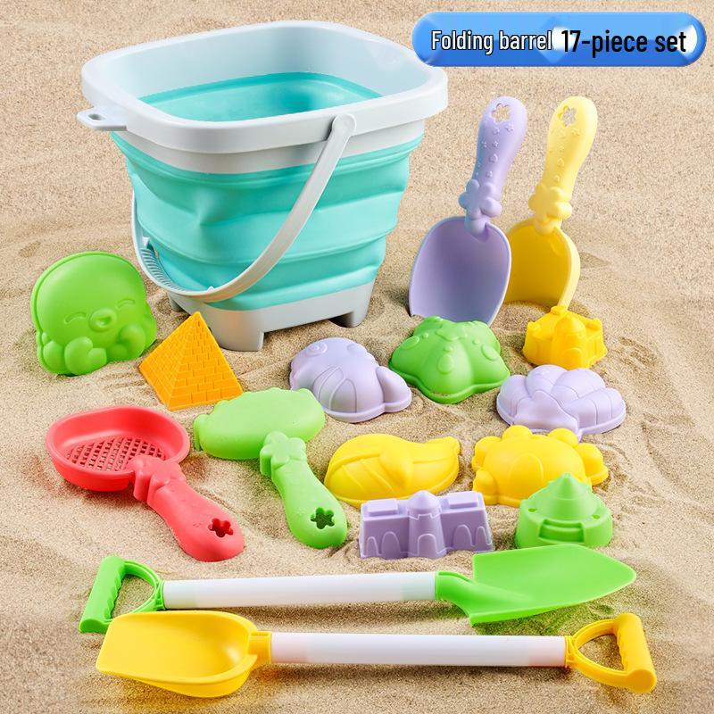 Cross-border Kid's Beach Toy Set: Folding Bucket, Shovel, Sand Tools & Sandglass Accessories