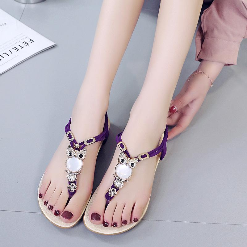 Fashion Women's Shoes 2025 Summer New Bohemian Owl Beaded Flat-soled Sandals Toe Beach Women's Sandals Wholesale