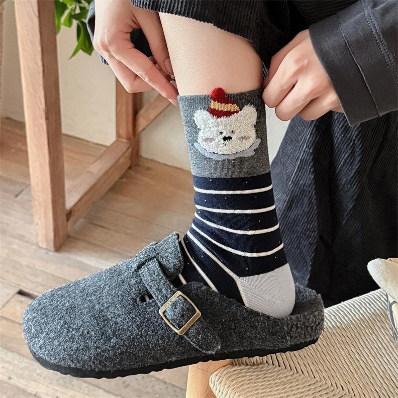 Autumn and Winter Socks for Women, Pure Cotton Striped Mid-calf Socks for Women, Cartoon Flocked Three-dimensional Socks for Women