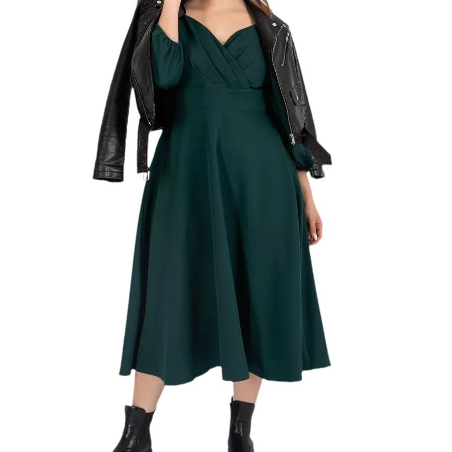 Spring V-Neck Waist-Cinching Puff Sleeve Dress with Pockets for Women