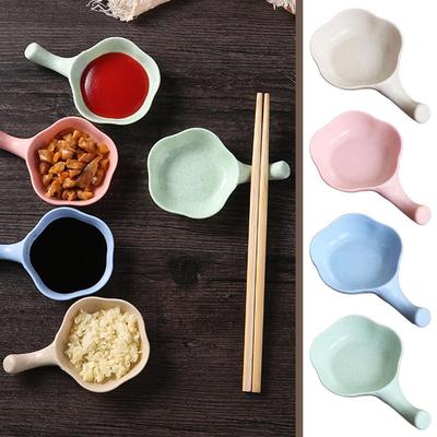 Paille de blé Assiette à condiments Forme de fleur Petite assiette avec poignée Bol à assaisonnements pour sauce/vinaigre Assiette pour sauce/collation/vinaigre