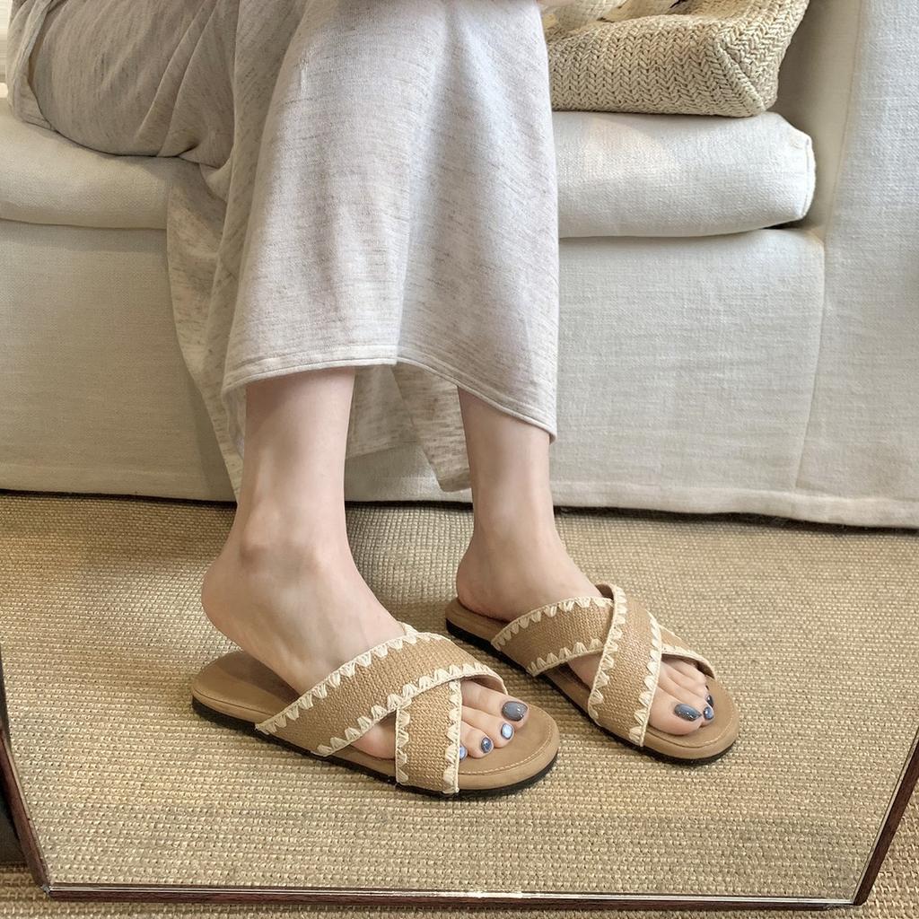 Schaffellversion~ Traubenmutter, die gleichen kontrastfarben gewebten Kreuzpantoffeln, Damen Sommer tragen Ein-Wort mit vielseitigen coolen Pantoffeln