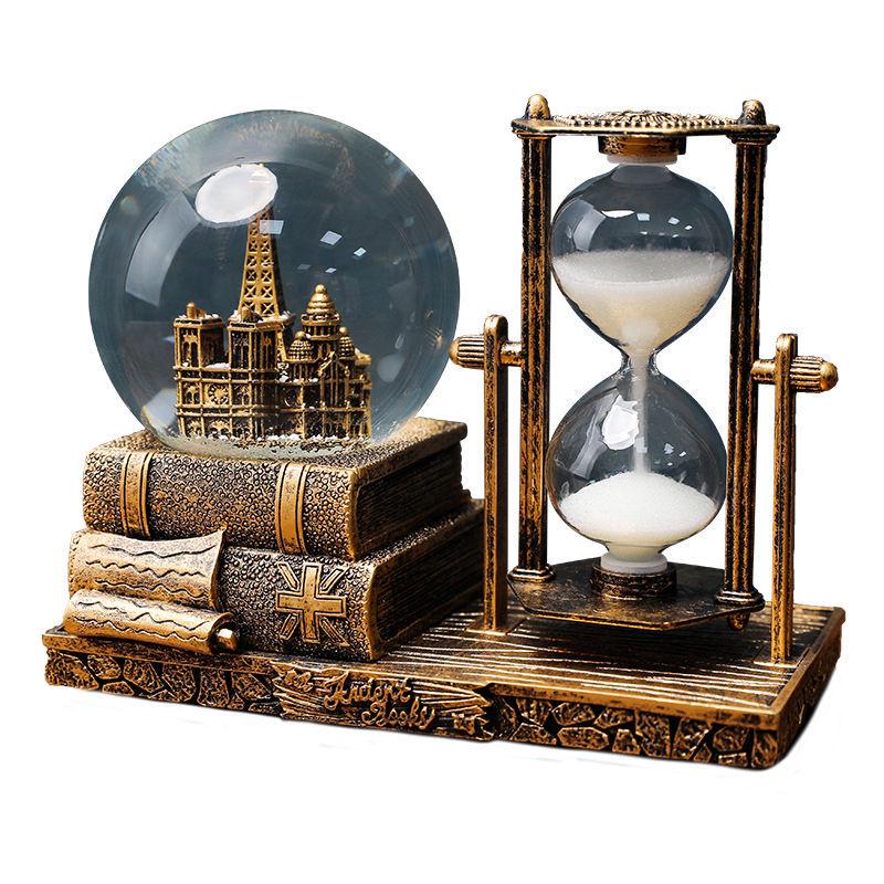 Retro Iron Tower Music Box with Luminous Crystal Ball Hourglass - Perfect for Desktop Ornament or Small Gift for Graduation, Qixi, or Valentine's Day.