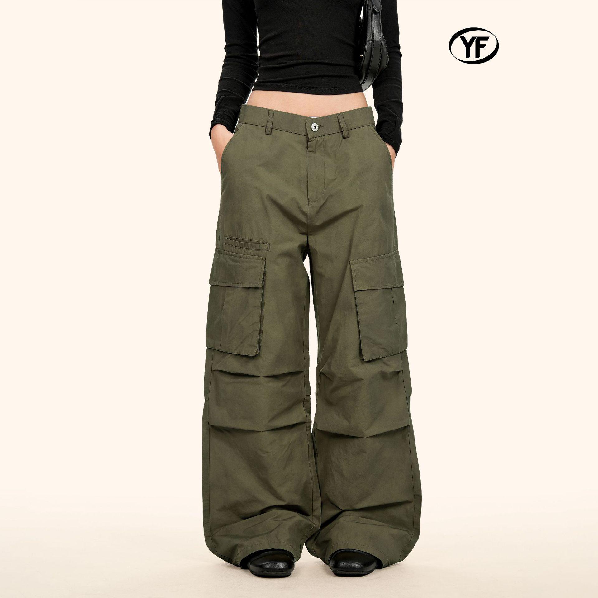 Yongfang Unisex Military Green Wide-Leg Work Pants with 3D Pockets L