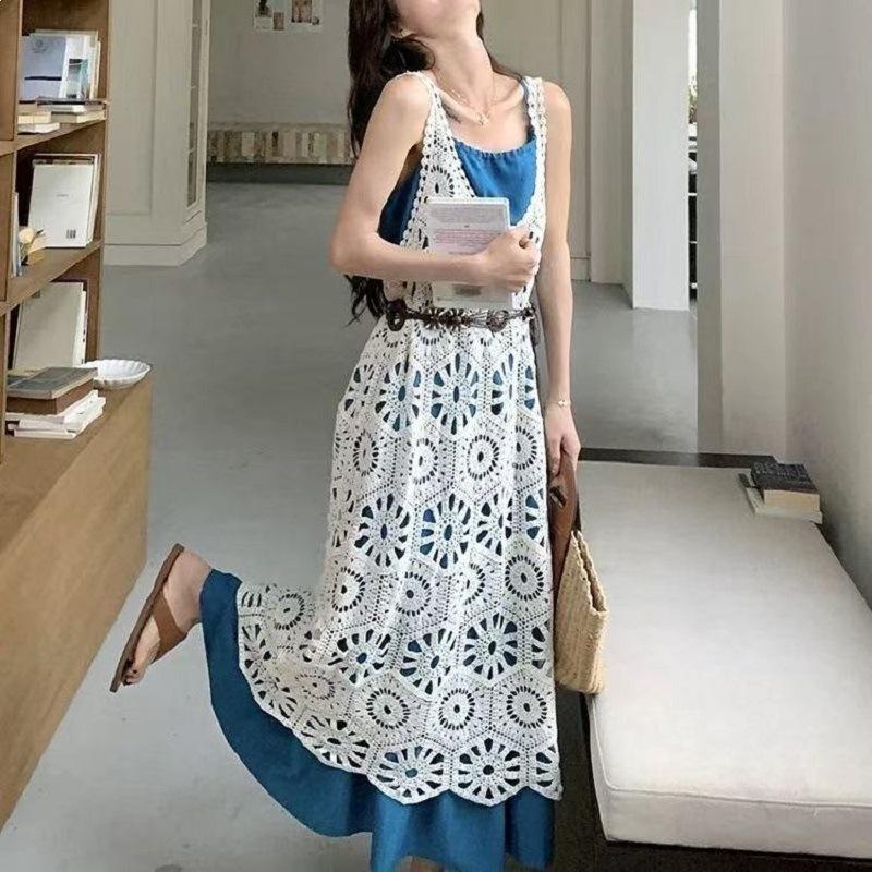Floating Life Half Day Women's New Summer Vintage Hollow Lace Crochet Floral Spaghetti Strap Dress Set Cover-Up Vintage Sweet Style