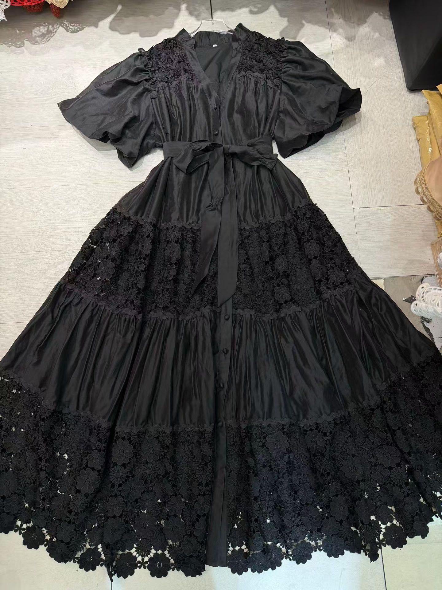Elegant 2026 French Lace Crochet Patchwork Waist-Cinching Tie Court Style Dress XXL чёрный