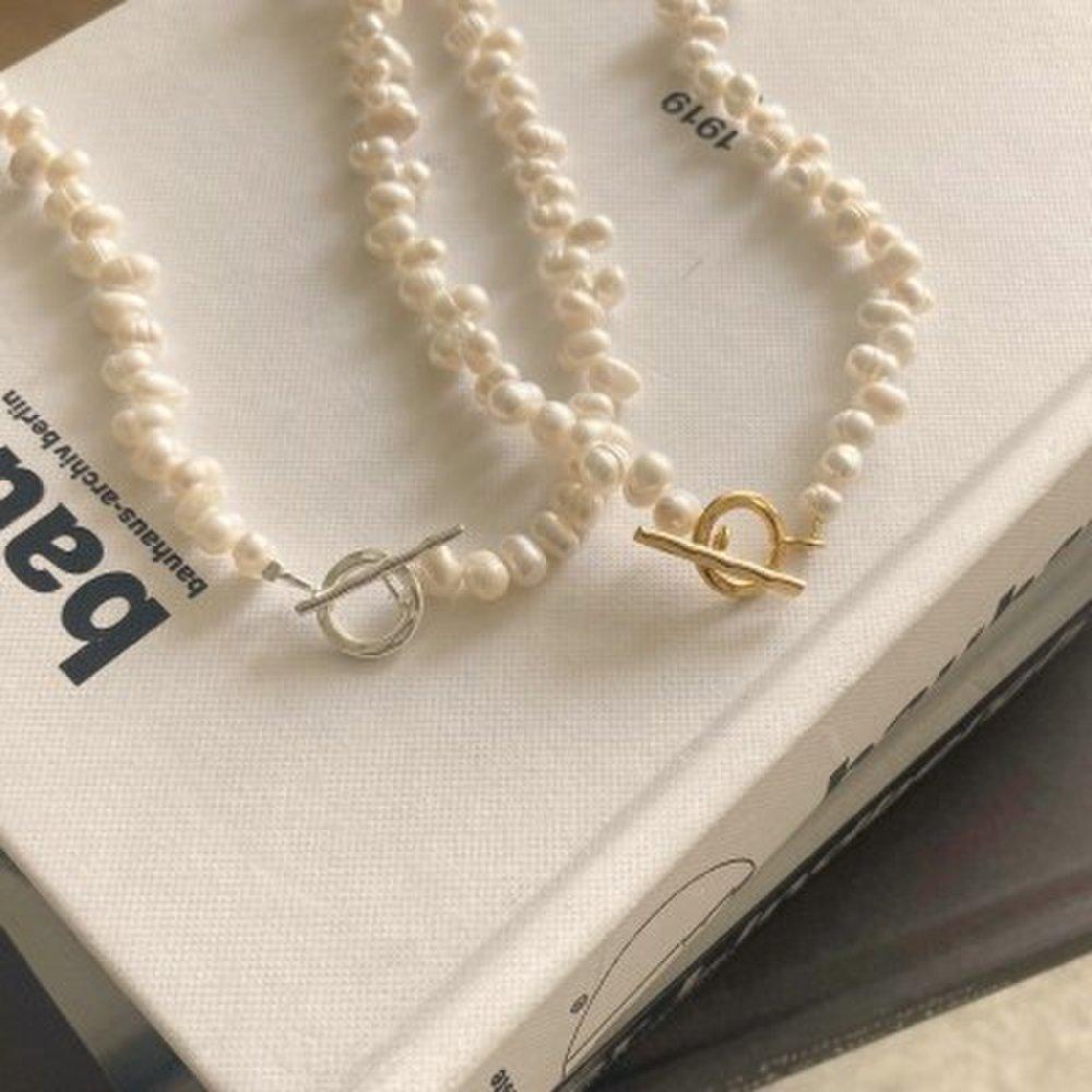 Rice Ball Ugly Natural Freshwater Pearl Silver Toggle Bar Necklace