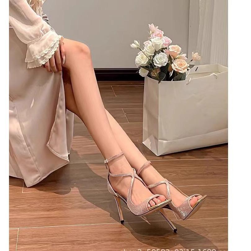 2025 summer new Internet celebrity one-word buckle with square head sandals women's fish mouth gold stiletto open toe sexy high heels