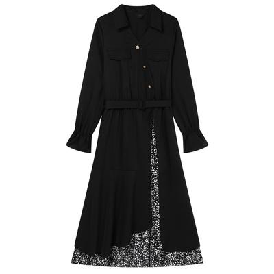 New Spring Elegant Lapel Midi Skirt Contrasting Color Removable Belt Without Elastic Long Sleeves for Women