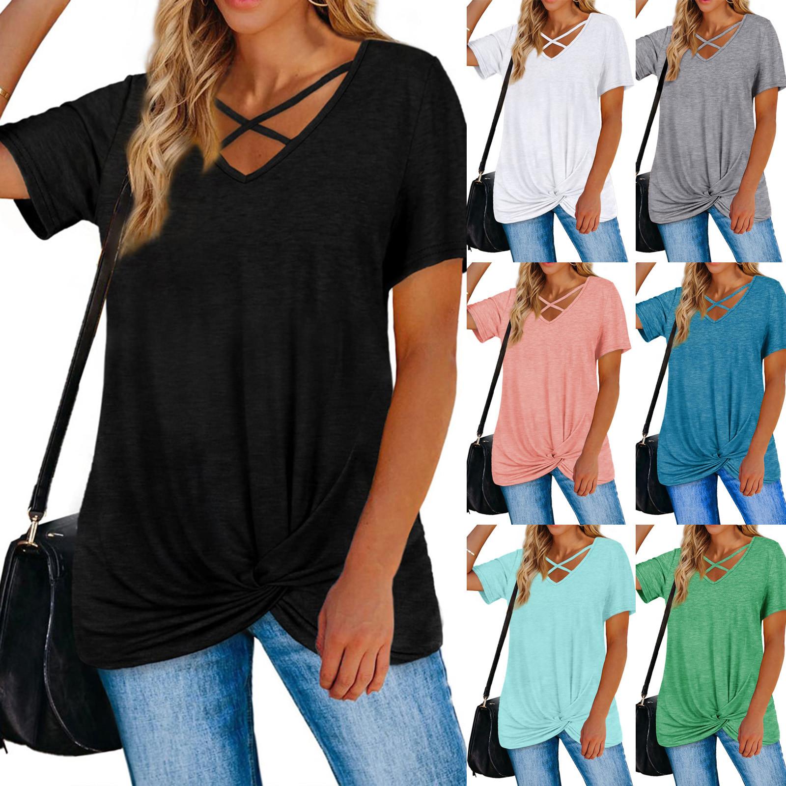 

Женская летняя повседневная модная однотонная свободная футболка с v-образным вырезом и короткими рукавами, подол с перекрестным узлом