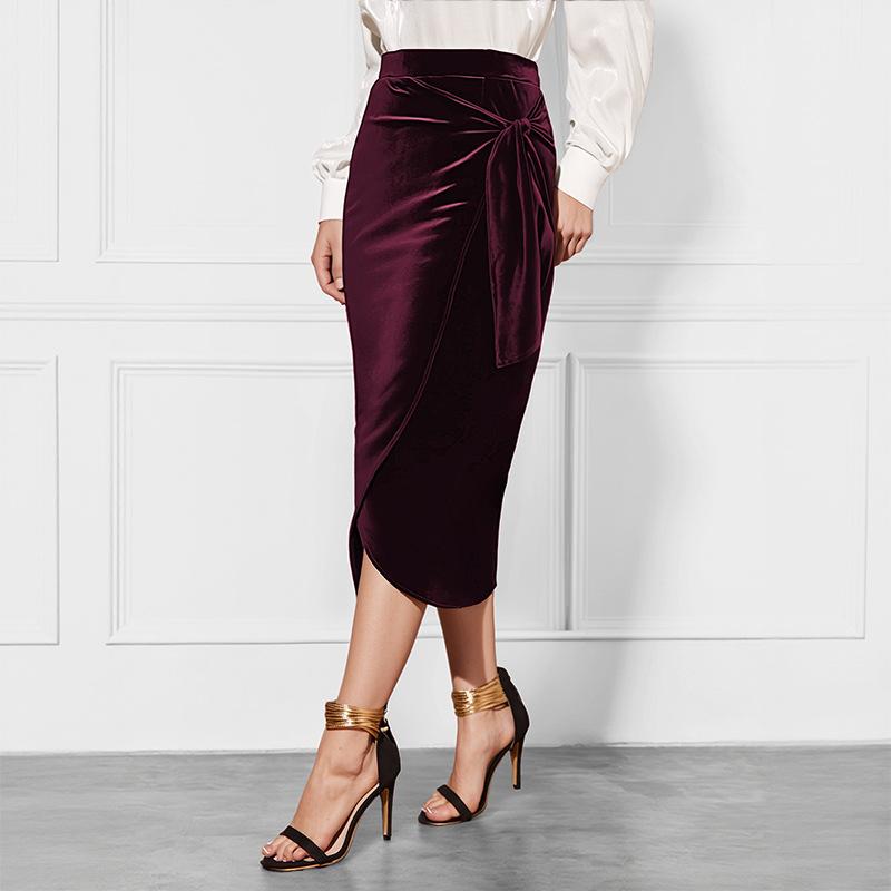 

New Solid-color Knotted Half-length Skirt - Elegant Business Casual Fall-winter Slit Velvet Dress XL бордовий