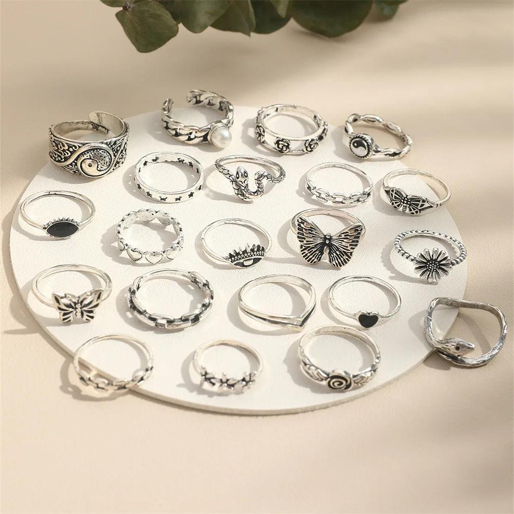 21 Stück Vintage Gothic Ringe Set für Frauen Retro Schmetterling Schlangenauge Anhänger Fingerring Weiblich Punk Mode Party Schmuck