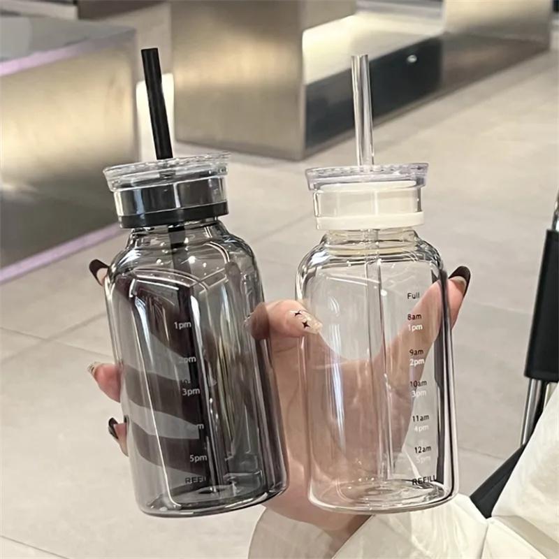 550-750ml Large Capacity Glass Water Bottle With Time Marker Transparent Juice Milk Glass Cup With Lid And Straw Drinking Bottle