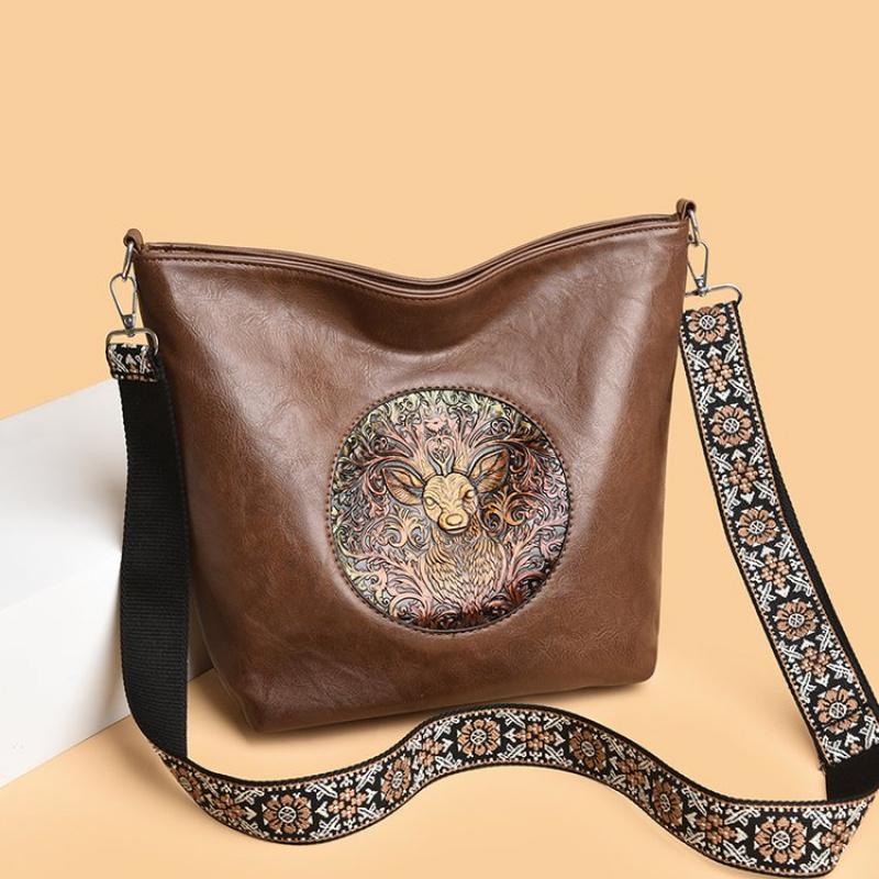 Borsa a Spalla in Pelle Ricamata con Cervo Vintage per Donna - Borsa a Tracolla Tote Bohemienne con Tracolla Etnica, Borsa a Mano Moda Retro
