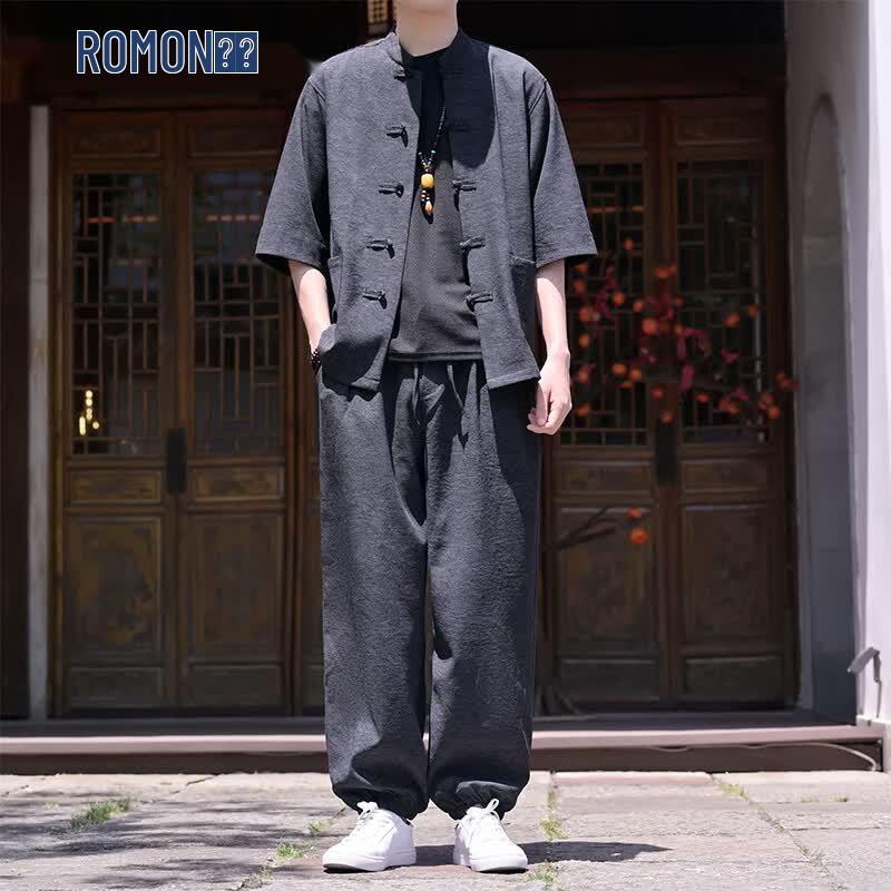 Romon Men s Chinese Style Short Sleeve Tang Suit 5XL чёрный