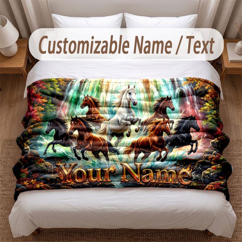 Horse Theme Soft Blanket Personalized Custom Name Text Print Warm Blanket Home Sofa Bedroom Decor