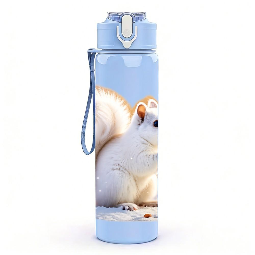1PC White Squirrel Nut Animal Print 750ml Color Plastic Sports Water Bottle Leakproof Flip Straw Lid Suitable for Sports Office Home Use