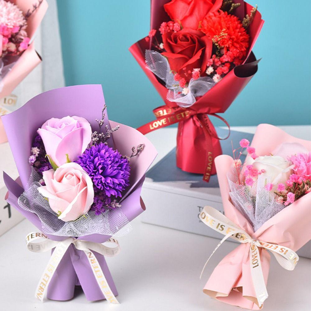 3 Heads Soap Flower Wedding Decor Gifts Mini Carnation Bouquet  Teachers' Day