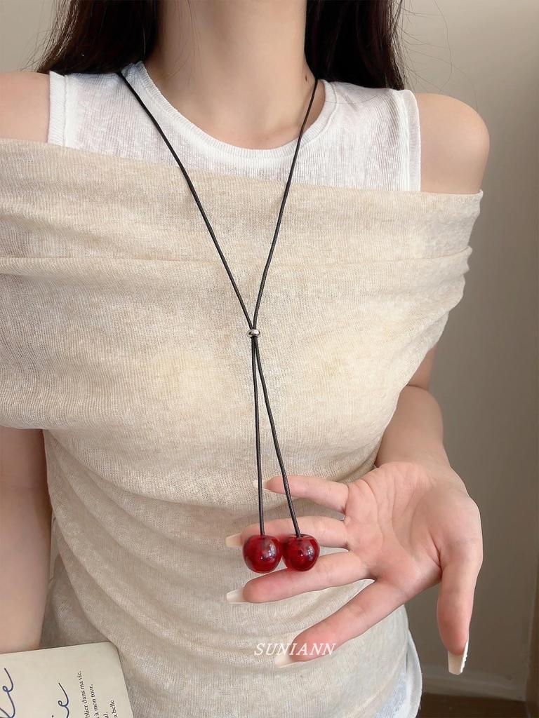 Einziehbare Rote Kirsch-Anhänger Halskette - Elegante Vielseitige Lange Pulloverkette Choker für Damen