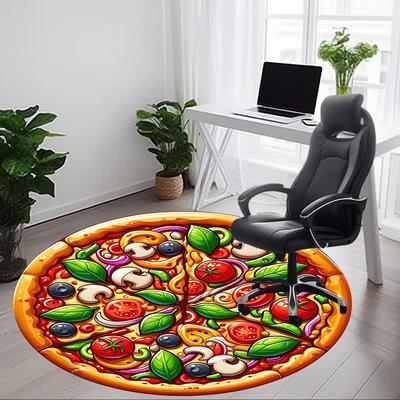 1 Stück Stuhlteppich mit Pizzadruck für das Büro, Runde Polyestermatte, Innendekoration für das Büro, Pflegeleichtes Gewebe, Waschbarer rutschfester Teppich